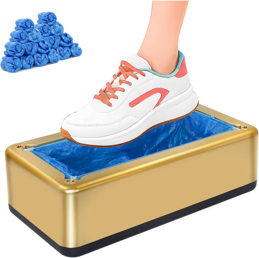 Automatic Shoe Covers Dispenser,200 Pcs Disposable Shoe Cover,Waterproof T Buckle Shoes Cover for Adult and Kids All Sizes,Portable Machine for Indoors/Home/Office, Gold