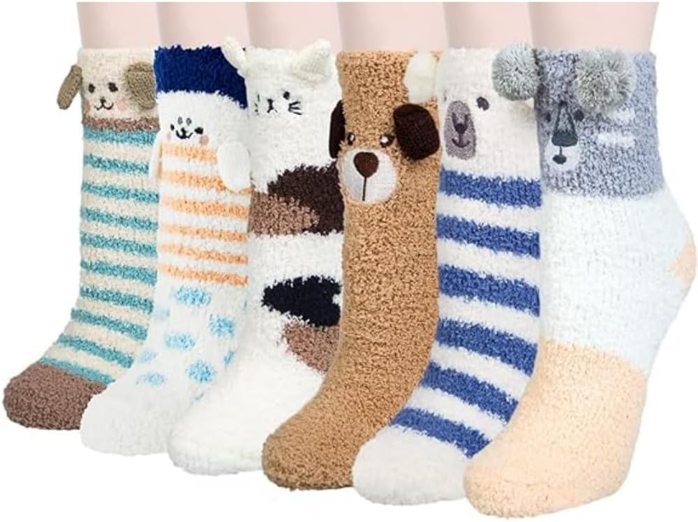 6 Pairs Womens Fuzzy Socks Winter Warm Soft Cozy Fluffy Microfiber House Sleeping Slipper Socks Christmas Gifts