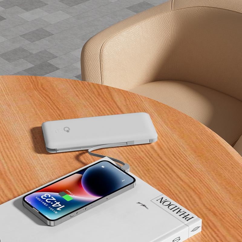 Portable Charger with Built-In Cables ,Slim USB C Power Back with AC Wall Plug, 10000Mah Travel Essentials External Battery Pack Compatible with Iphone,Samsung,Tablet and All Smart Phones(White) Charging Protection Cellphone Smartphone Electronic Adapter