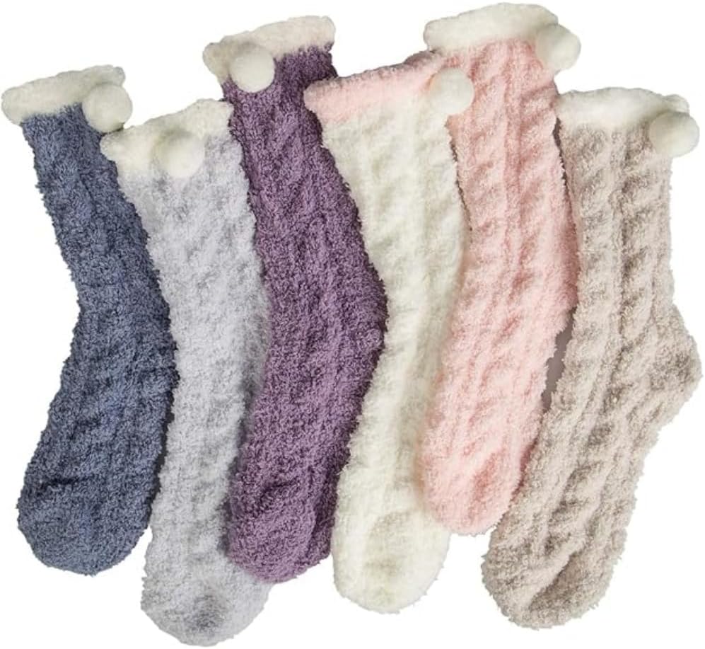 6 Pairs Womens Fuzzy Socks Winter Warm Soft Cozy Fluffy Microfiber House Sleeping Slipper Socks Christmas Gifts