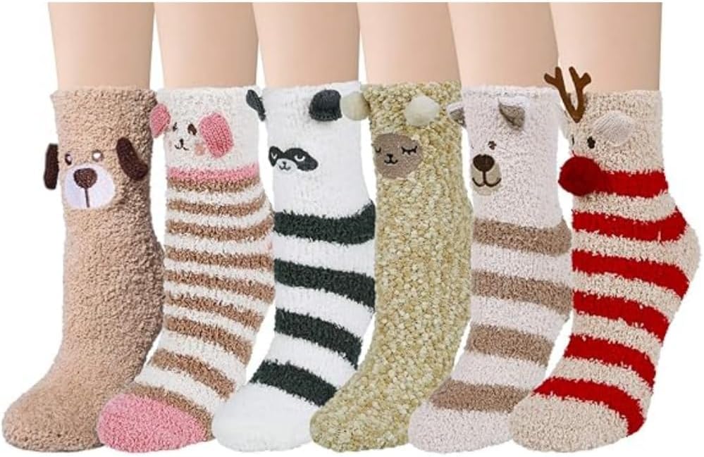 6 Pairs Womens Fuzzy Socks Winter Warm Soft Cozy Fluffy Microfiber House Sleeping Slipper Socks Christmas Gifts