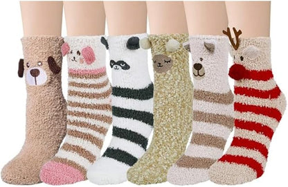 6 Pairs Womens Fuzzy Socks Winter Warm Soft Cozy Fluffy Microfiber House Sleeping Slipper Socks Christmas Gifts
