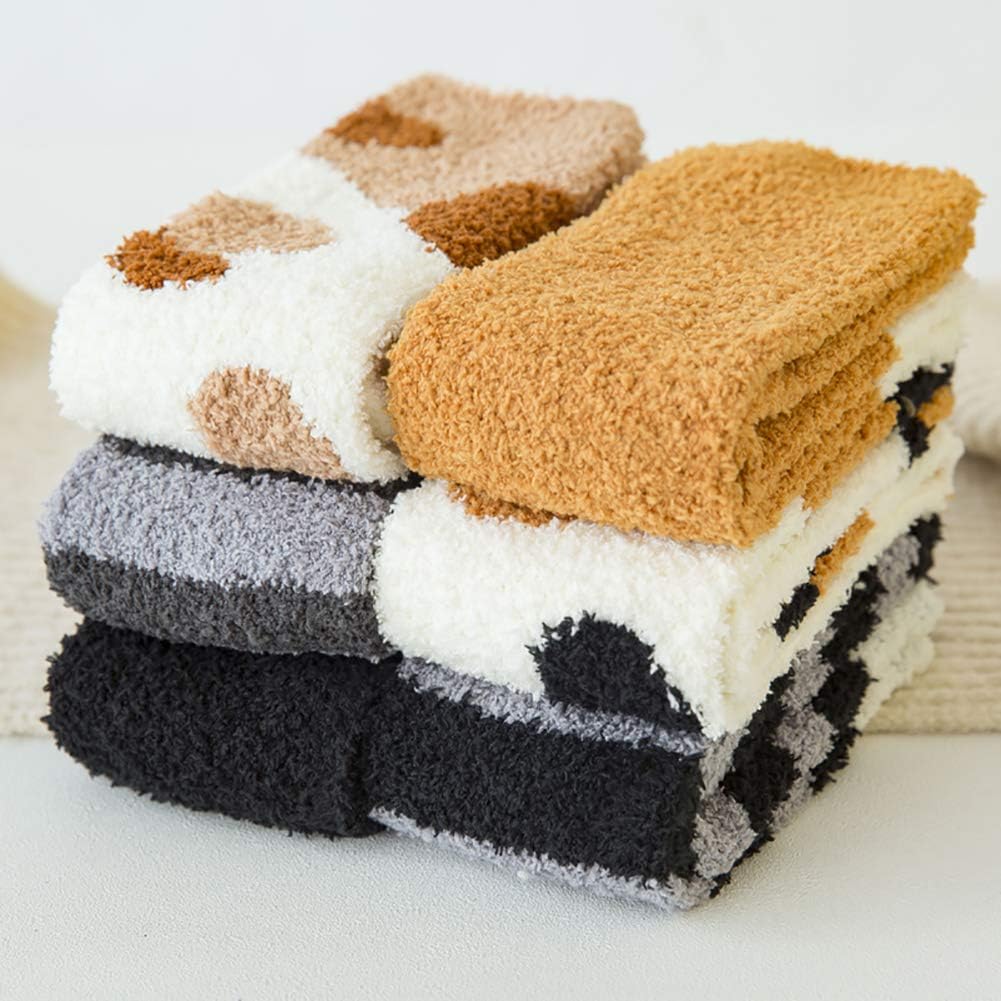 6 Pairs Womens Fuzzy Socks Winter Warm Soft Cozy Fluffy Microfiber House Sleeping Slipper Socks Christmas Gifts