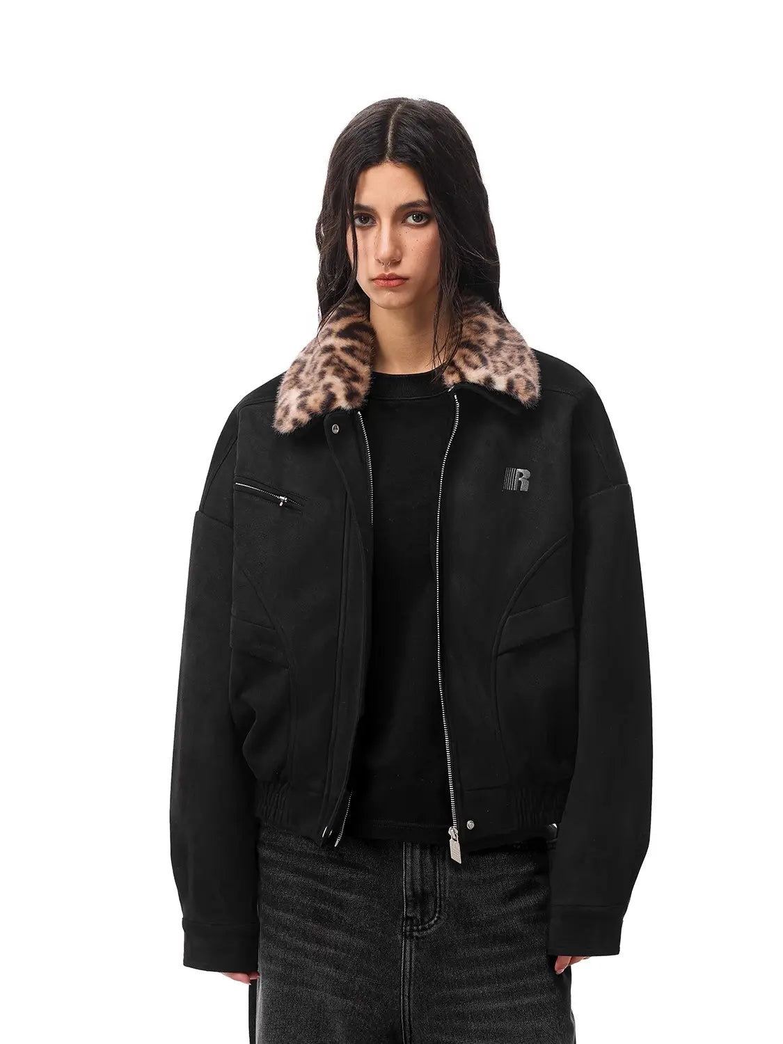 Barn Jacket with Detachable Leopard Collar FDR Unisex Plain Casual Minimalist Loose Fit Women'S Coat Pu Patchwork Trendy Outerwear for Daily Wear Heavyweight Zipper Short Tops Womenswear #Valentinesday #Tiktokshopjumpstartsale #Valentinesdaygift Springsta