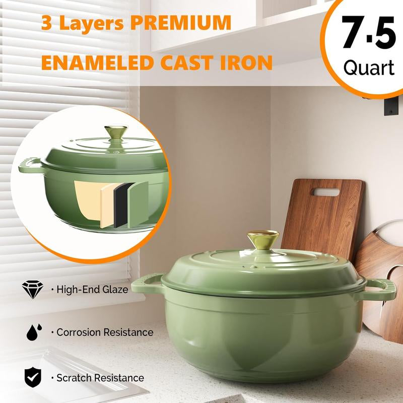 ROVSUN Enameled Cast Iron round Dutch Oven, 5/6/7.5QT Pot with Lid &Dual Handles with Silicone Gloves,Oven Safe up to 500°F, Heavy-Duty Pre-Seasoned Cookware for Bread Baking, Braising, Stews, Roasting, Sage Green - Kiki of DC Styles Store