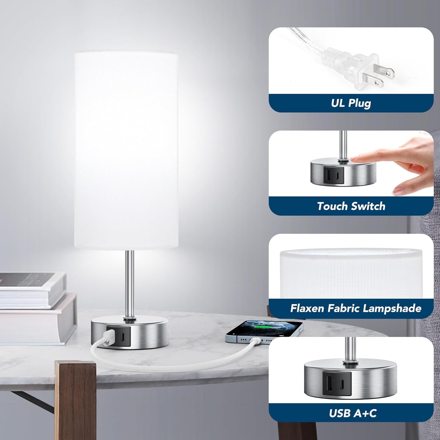 Touch Control Table Lamp Set of 2, 3-Way Dimmable Bedside Nightstand Lamps with 2 USB Ports & 2 AC Outlets, Modern Tabletop Lamps with White Shades, Desk Lamp for Bedroom Living Room, 2 Bulbs Included - Kiki of DC Styles Store