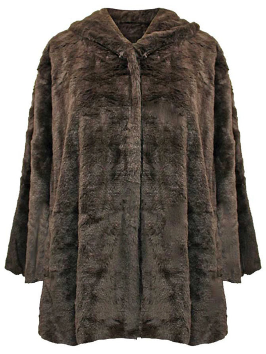 Brown Faux Fur Plush Swing Jacket with Hood