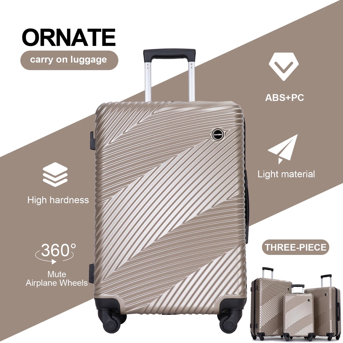 Luggage 3 Piece Set,Suitcase with Spinner Wheels Hardside Lightweight Luggage 20In24In28In.(Golden)