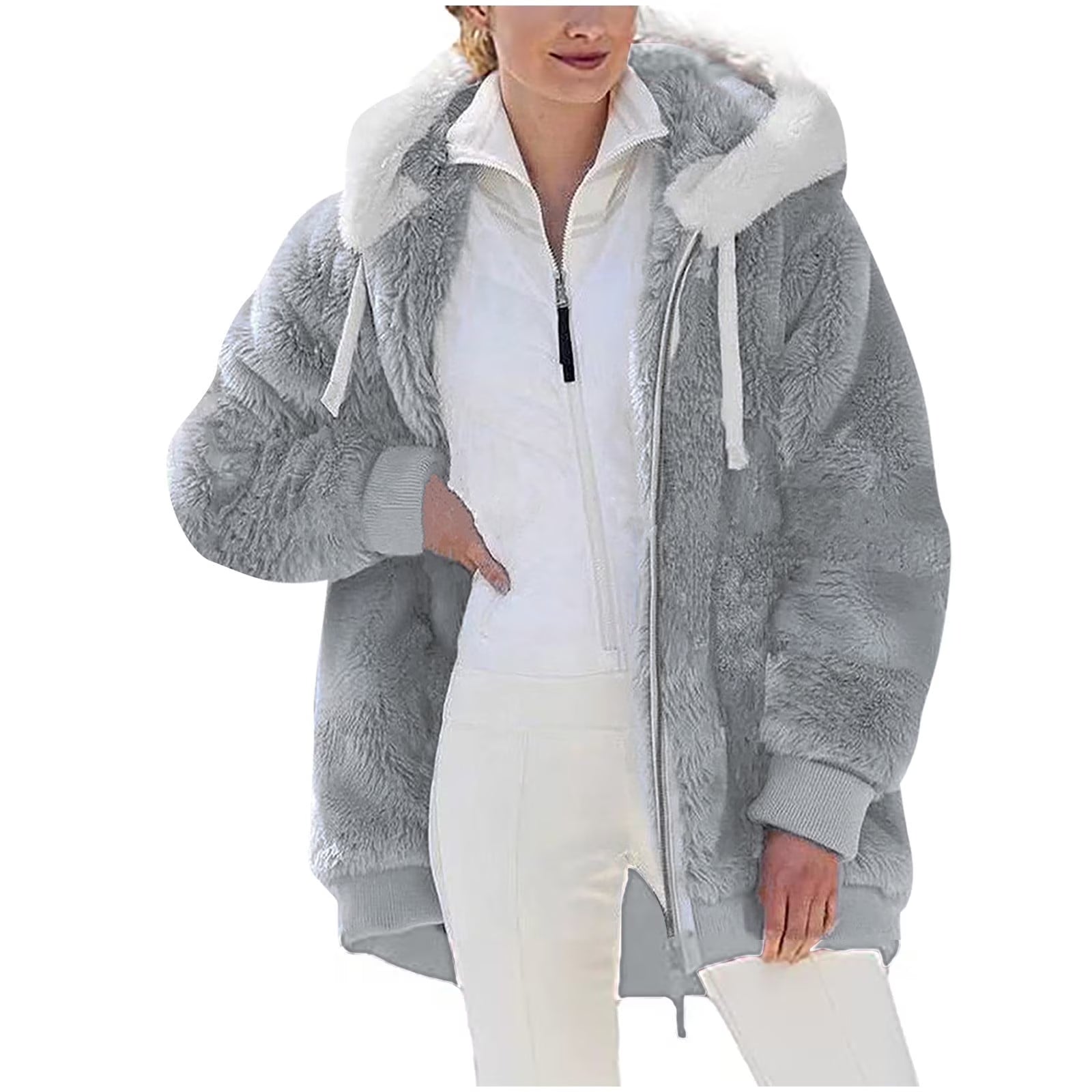 Christmas Deals 50% off Clear! Winter Long Coats for Women plus Size Winter Warm Loose Plush Zip Hooded Jacket Coat Gifts Christmas Gift