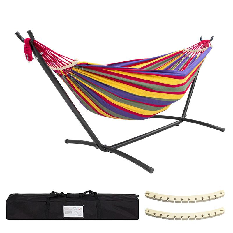 Double Hammock Set with Steel Stand,Brazilian Style Double Hammock Set with Steel Stand 450Lb Capacity Steel Stand, Premium Carry Bag Included, for Backyard, Camping,Garden Double Hammock Canvas Outdoor Patio,Heavy Duty Portable Hammock Stand - Kiki of DC Styles Store