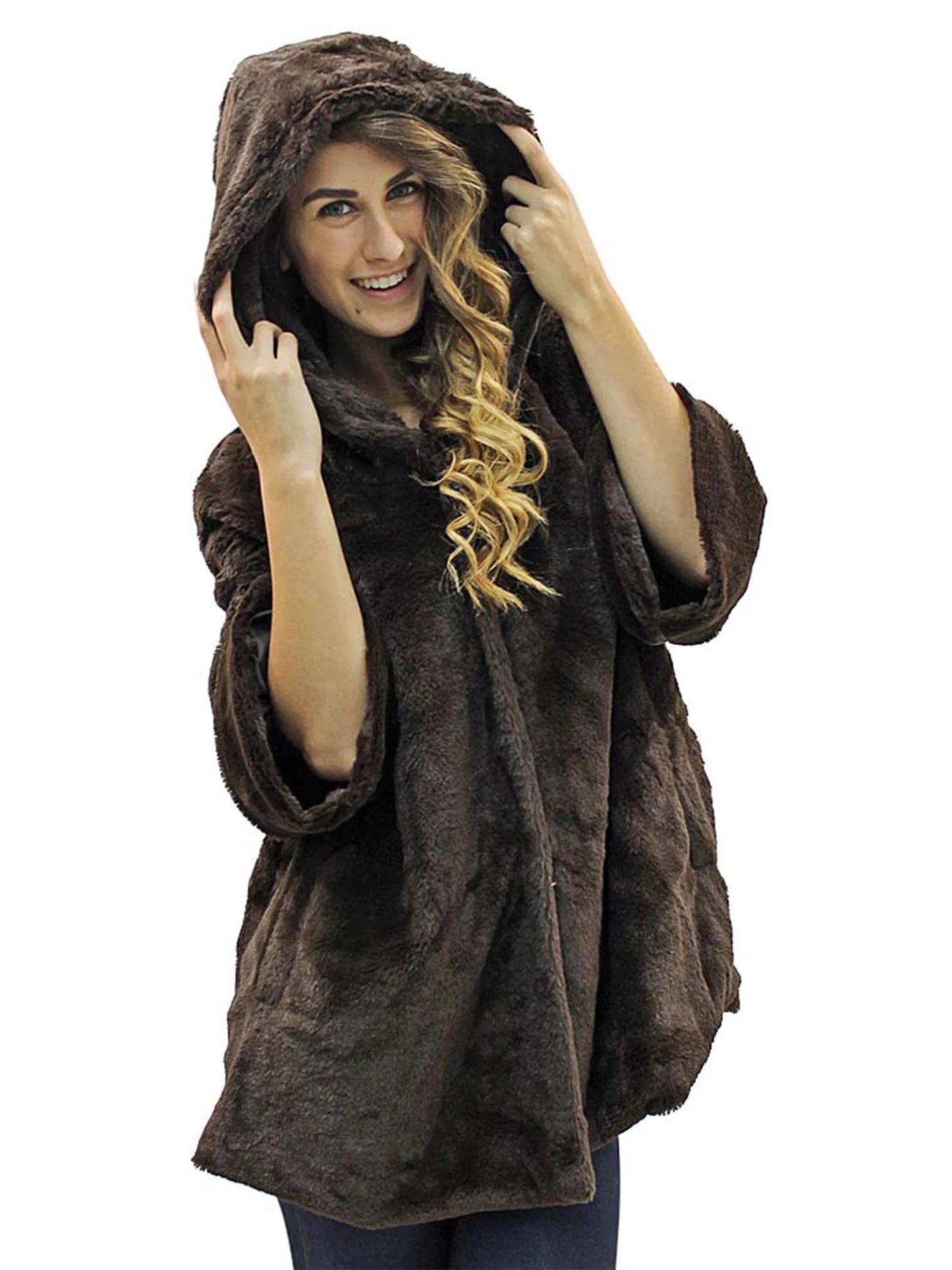 Brown Faux Fur Plush Swing Jacket with Hood