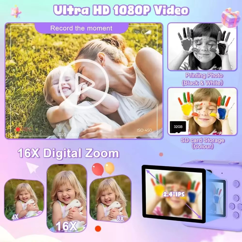 Children'S Mini Digital Video Camera with Thermal Printing & Multiple Image Stabilization, 32GB Card Included - Kiki of DC Styles Store