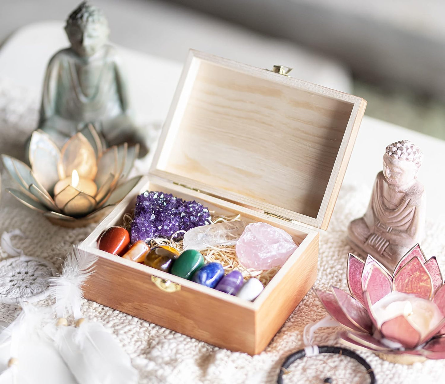 Large Premium Crystals and Healing Stones in Wooden Gift Box + 50Pg EBOOK – 7 Chakra Tumbled Gemstones, Amethyst Crystal, Rose Quartz, Quartz Crystal Point, and Info Guide, Made in U.S.A. - Kiki of DC Styles Store