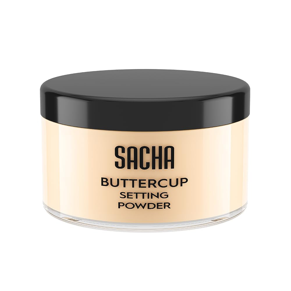 Sacha Buttercup Setting Powder - Translucent Loose Powder for Medium to Dark Skin Tones, 1.75 oz, Blurs Fine Lines and Pores, No Ashy Flashback, Ideal for Setting Makeup Foundation or Concealer.