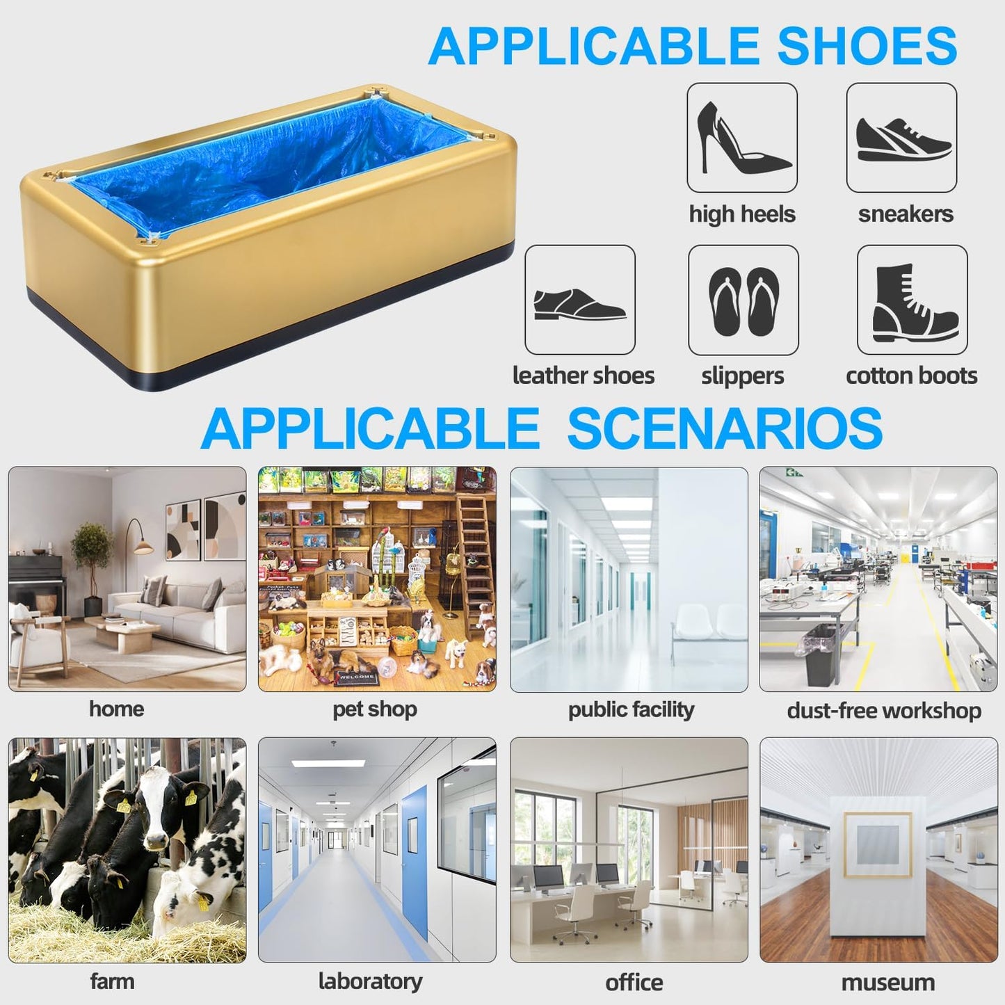 Automatic Shoe Covers Dispenser,200 Pcs Disposable Shoe Cover,Waterproof T Buckle Shoes Cover for Adult and Kids All Sizes,Portable Machine for Indoors/Home/Office, Gold