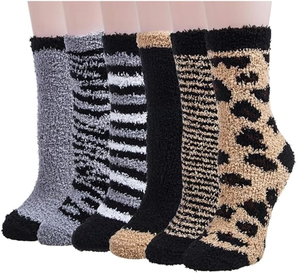 6 Pairs Womens Fuzzy Socks Winter Warm Soft Cozy Fluffy Microfiber House Sleeping Slipper Socks Christmas Gifts