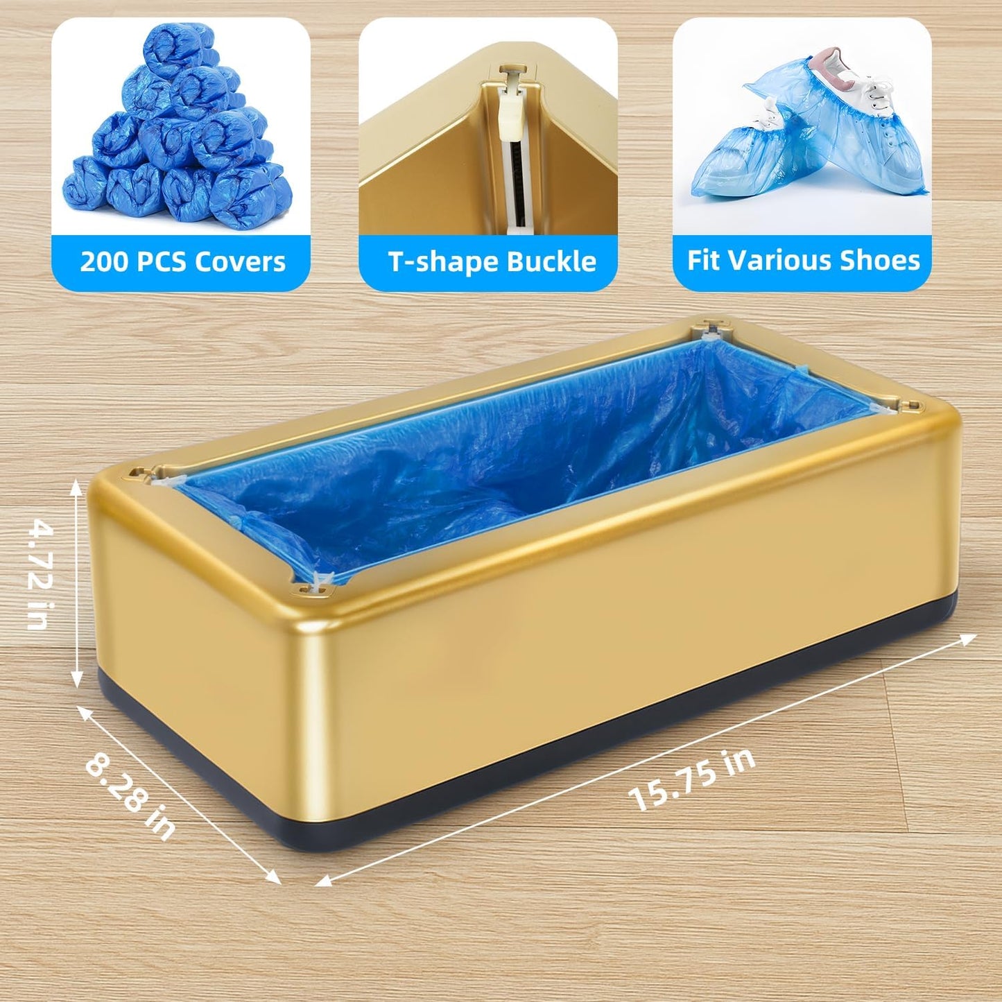 Automatic Shoe Covers Dispenser,200 Pcs Disposable Shoe Cover,Waterproof T Buckle Shoes Cover for Adult and Kids All Sizes,Portable Machine for Indoors/Home/Office, Gold