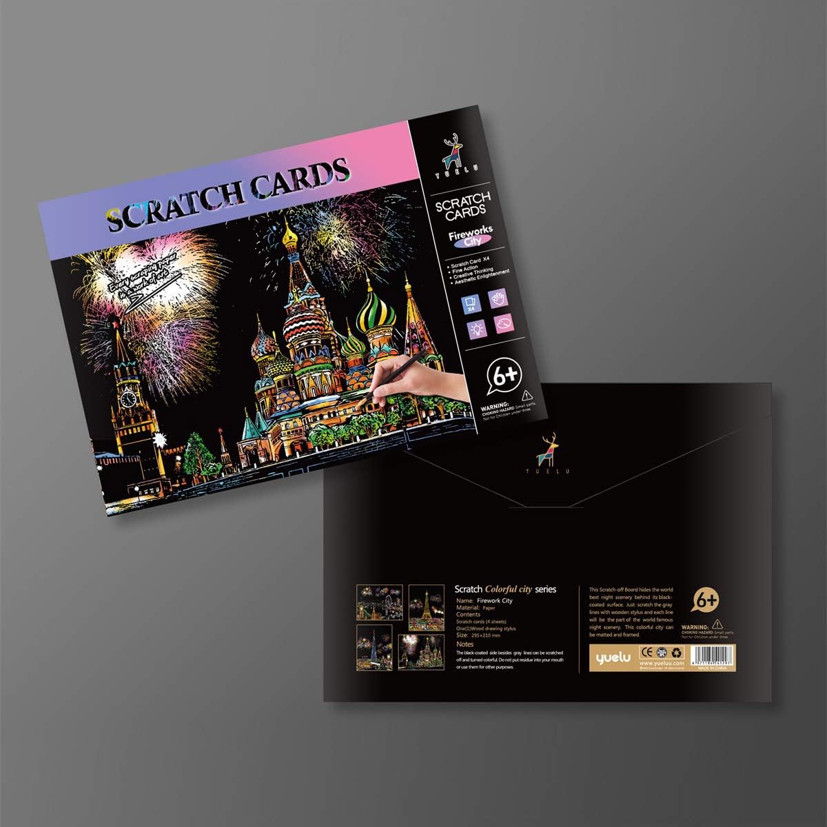 Scratch Art Painting Kits for Adults & Kids, Rainbow Painting Sketch Night View Scratchboard(A4), Crafts Set: 8 Sheets Scratch Cards with 6 Tools in Bag - Creative Craft Art Set (Landmark Building)