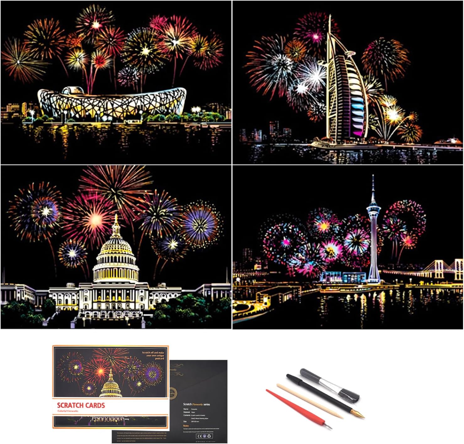 Scratch Art for Adults and Kids-City Landmarks Scratch Painting Craft Kit (8 Sheets A4)|DIY Foil Engraving Art Set|Stress Relief Gift for Travel Lovers,Craft Lovers,Home Decor(America/Europe)