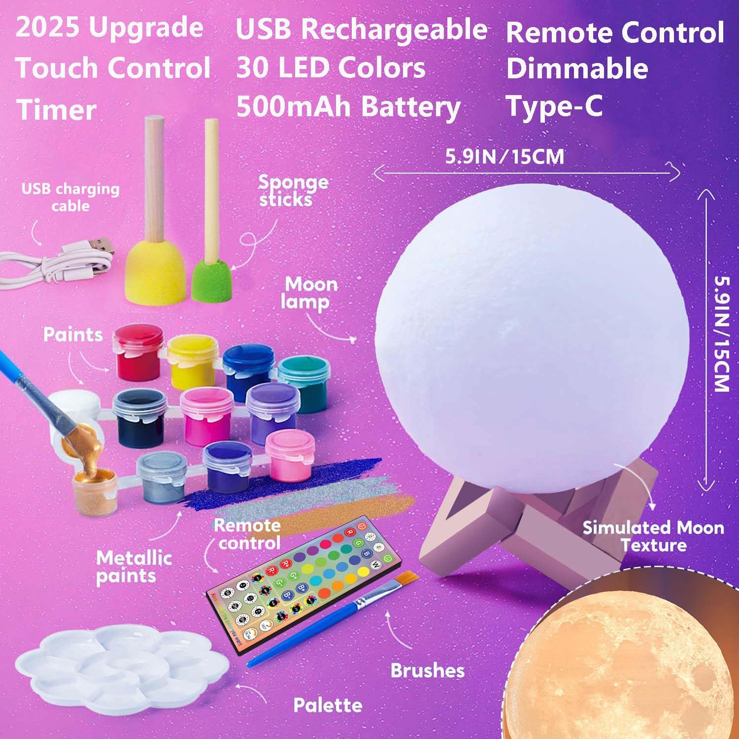 Paint Your Own Moon Lamp Kit, 2025 Update USB Rechargeable Remote Control, DIY Arts Supplies and Crafts Kit, Ages 6 7 8 9 10 11 12 13 Year Old Girls Boys Kids Birthday Gifts