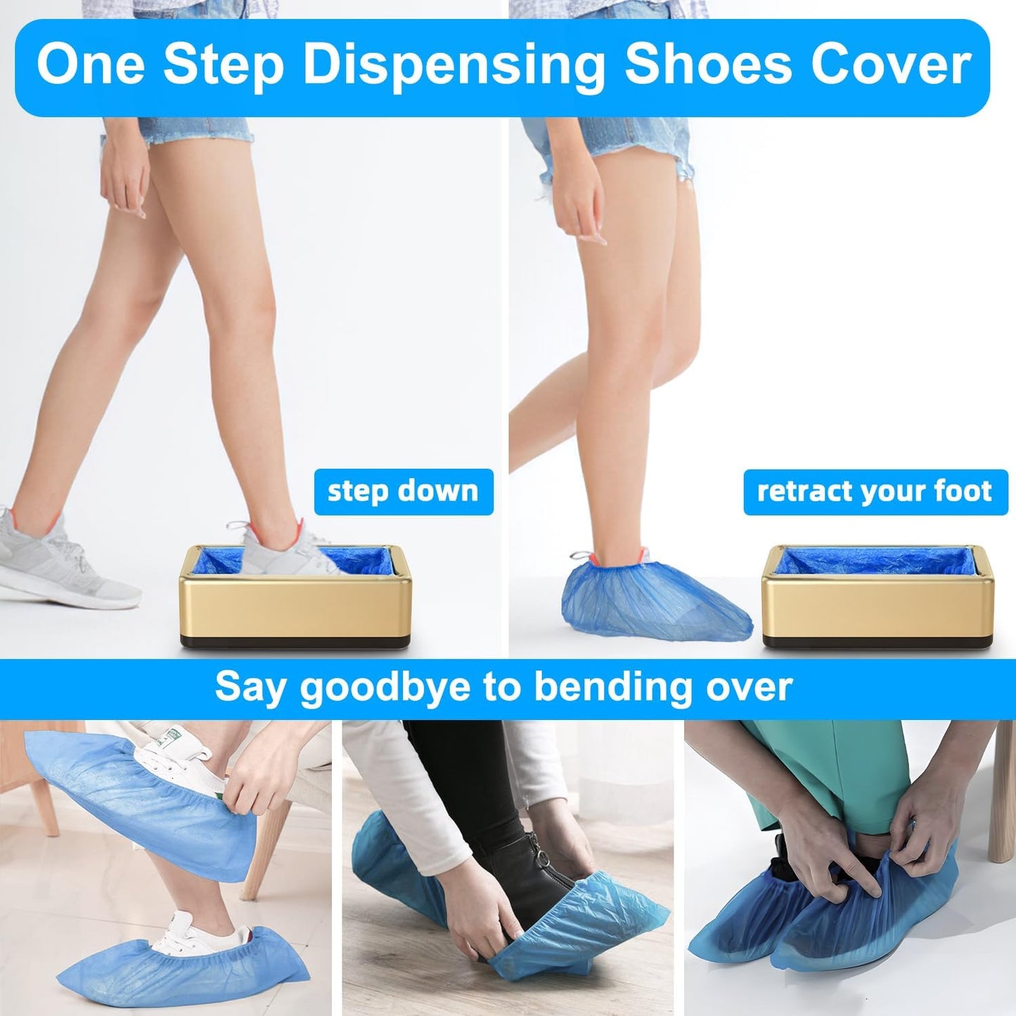 Automatic Shoe Covers Dispenser,200 Pcs Disposable Shoe Cover,Waterproof T Buckle Shoes Cover for Adult and Kids All Sizes,Portable Machine for Indoors/Home/Office, Gold