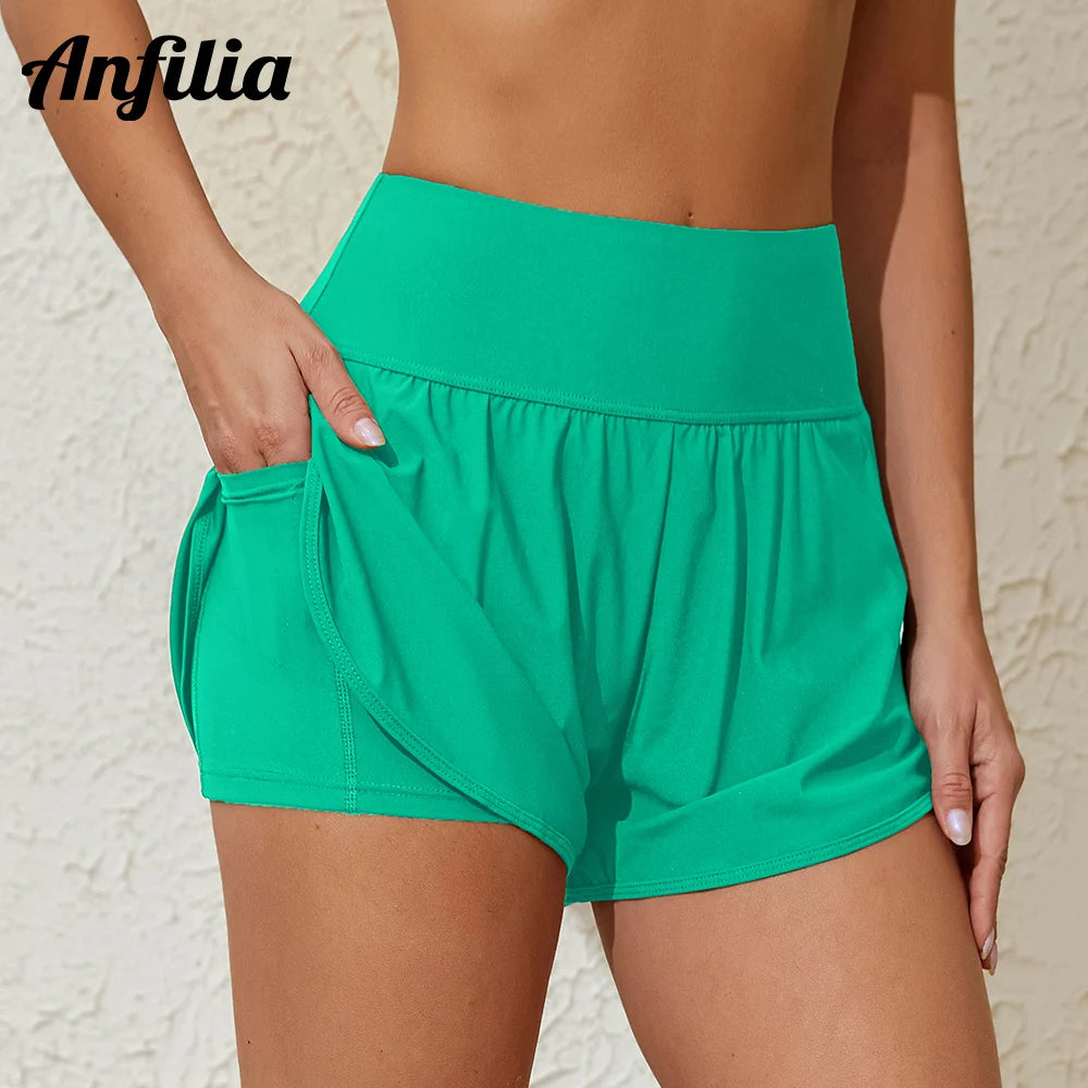 Women Swimming Trunks High Waist Wide Waist Band Side Split 2 in 1 Gym Yoga Fitness Shorts with Pockets Tankini Bottom