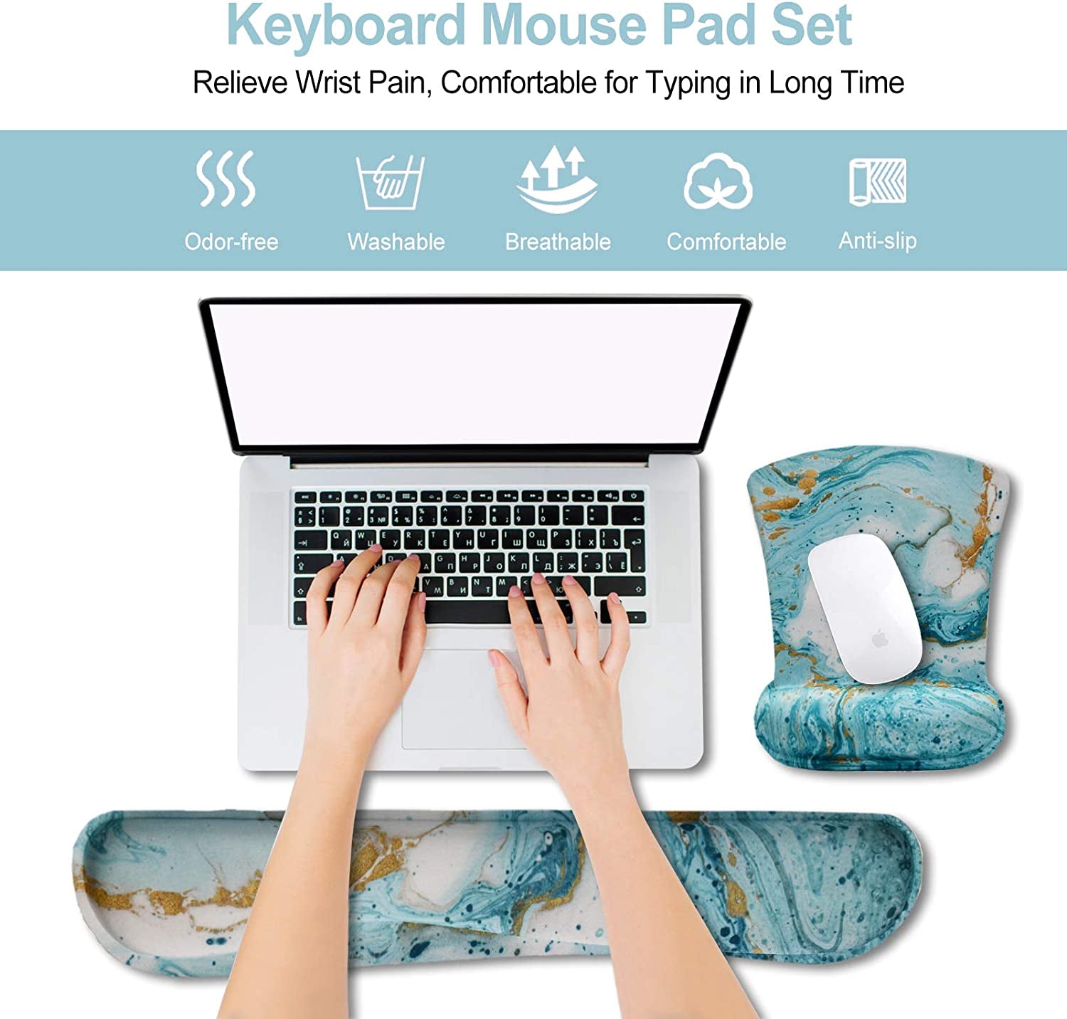 Keyboard Wrist Rest and Mouse Pad with Wrist Support, Ergonomic Mouse Pad, Durable Comfortable Lightweight for Easy Typing Pain Relief, Memory Foam Keyboard Mousepad Set, Teal Turqoise Marble - Kiki of DC Styles Store