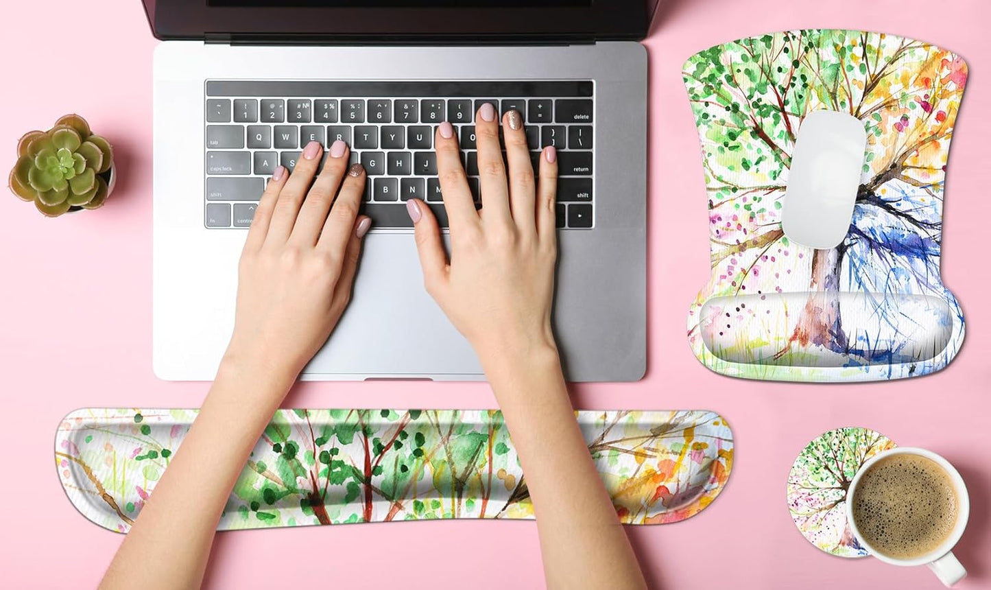 Ergonomic Mouse Pad with Wrist Rest Support and Keyboard Wrist Rest Pad, Cute Wrist Pad with Non-Slip Rubber Base and Raised Memory Foam, Easy Typing & Pain Relief, Four Seasons Tree - Kiki of DC Styles Store