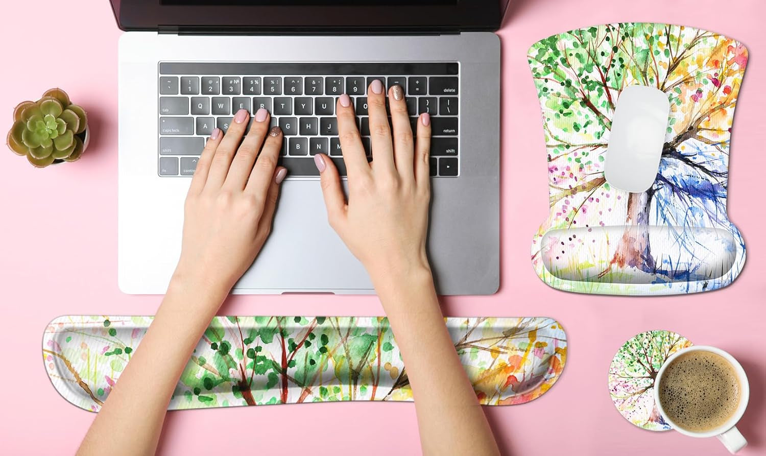 Ergonomic Mouse Pad with Wrist Rest Support and Keyboard Wrist Rest Pad, Cute Wrist Pad with Non-Slip Rubber Base and Raised Memory Foam, Easy Typing & Pain Relief, Four Seasons Tree - Kiki of DC Styles Store