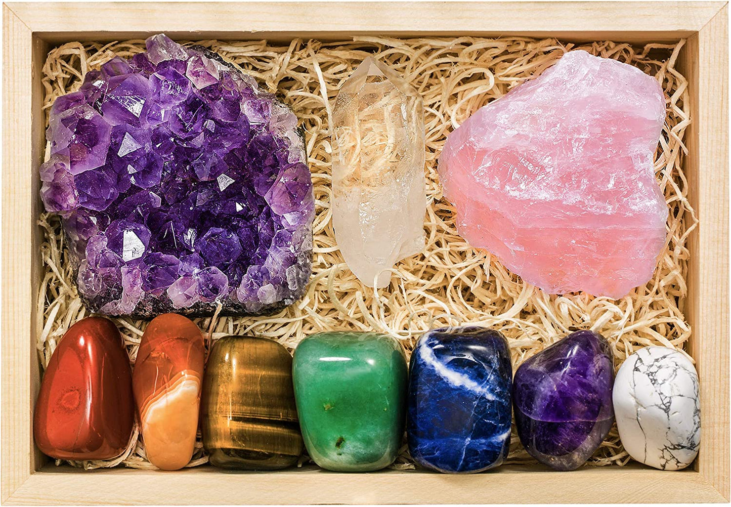 Large Premium Crystals and Healing Stones in Wooden Gift Box + 50Pg EBOOK – 7 Chakra Tumbled Gemstones, Amethyst Crystal, Rose Quartz, Quartz Crystal Point, and Info Guide, Made in U.S.A. - Kiki of DC Styles Store