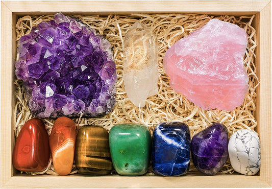 Large Premium Crystals and Healing Stones in Wooden Gift Box + 50Pg EBOOK – 7 Chakra Tumbled Gemstones, Amethyst Crystal, Rose Quartz, Quartz Crystal Point, and Info Guide, Made in U.S.A. - Kiki of DC Styles Store