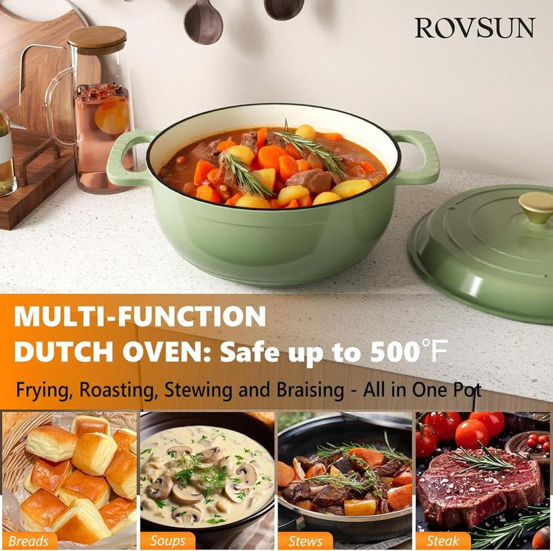 ROVSUN Enameled Cast Iron round Dutch Oven, 5/6/7.5QT Pot with Lid &Dual Handles with Silicone Gloves,Oven Safe up to 500°F, Heavy-Duty Pre-Seasoned Cookware for Bread Baking, Braising, Stews, Roasting, Sage Green - Kiki of DC Styles Store