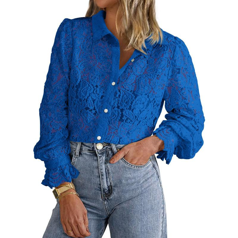 BTFBM Women'S Lace Blouses Long Sleeve Button down Tops 2025 Fall Fashion Shirt - Kiki of DC Styles Store