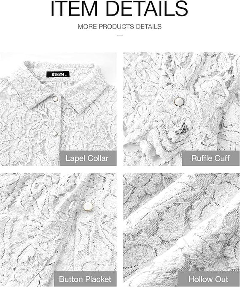 BTFBM Women'S Lace Blouses Long Sleeve Button down Tops 2025 Fall Fashion Shirt - Kiki of DC Styles Store
