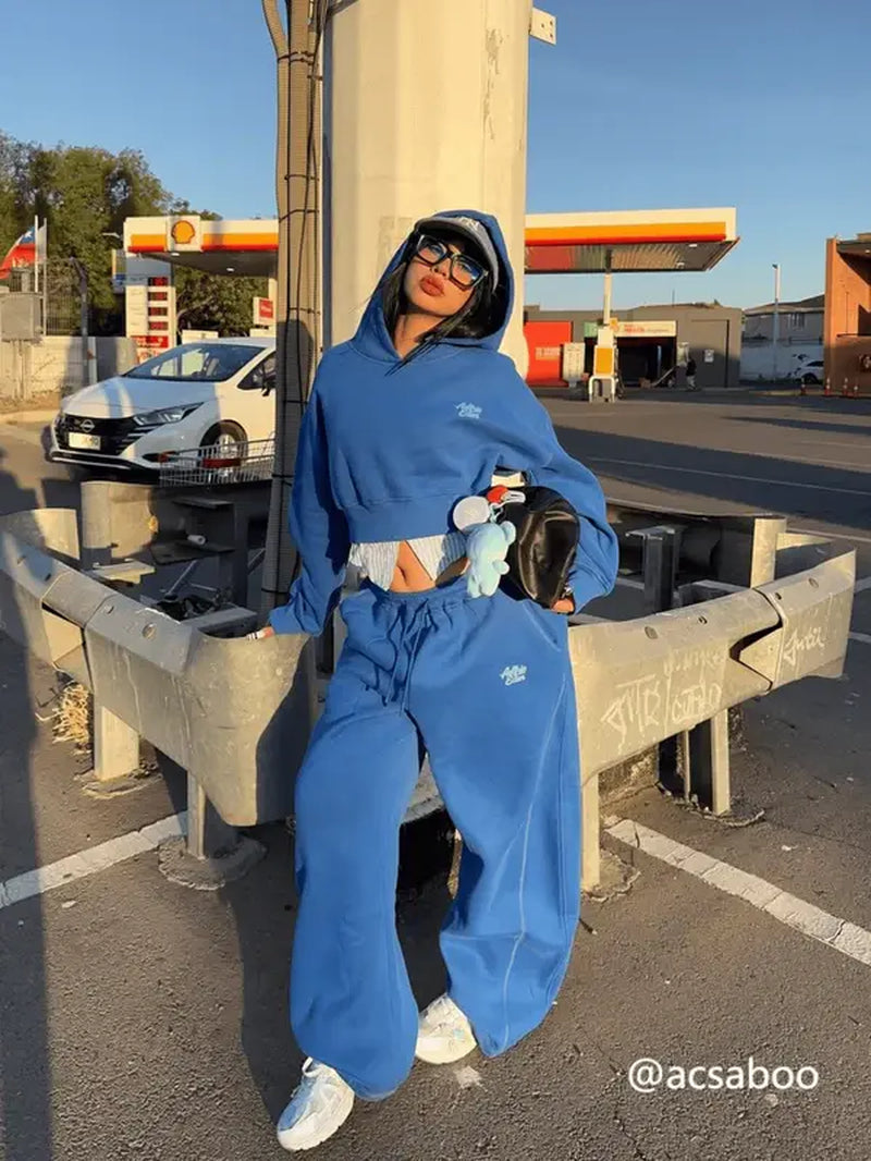 Aelfric Eden Y2K Cropped Hoodie Baggy Barrel Sweatpants Set 2 Piece Outfits Cozy Fleece Lounge Sweatsuit