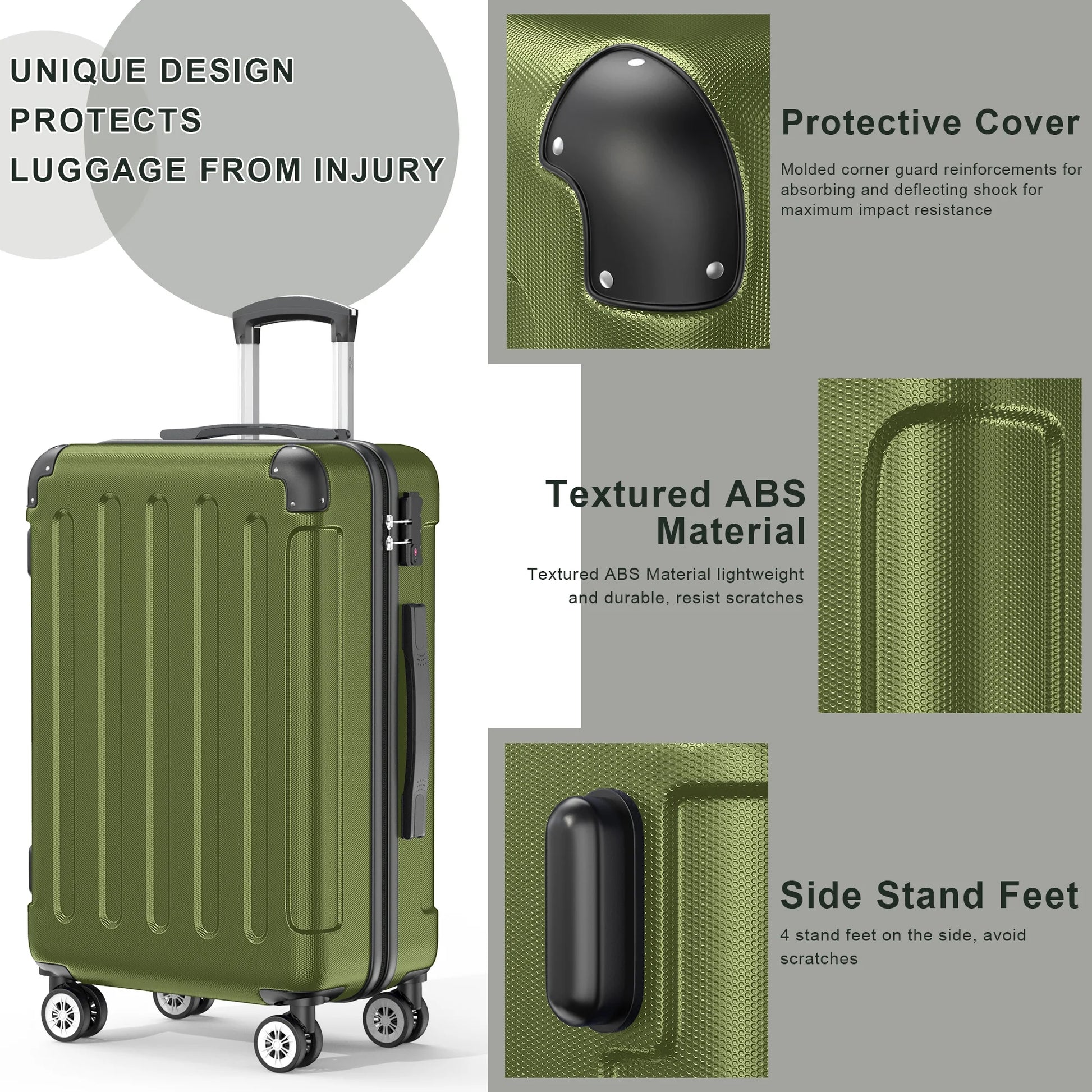 3 Piece Luggage Sets Hardshell Lightweight Suitcase with TSA Lock Spinner Wheels, Olive Green