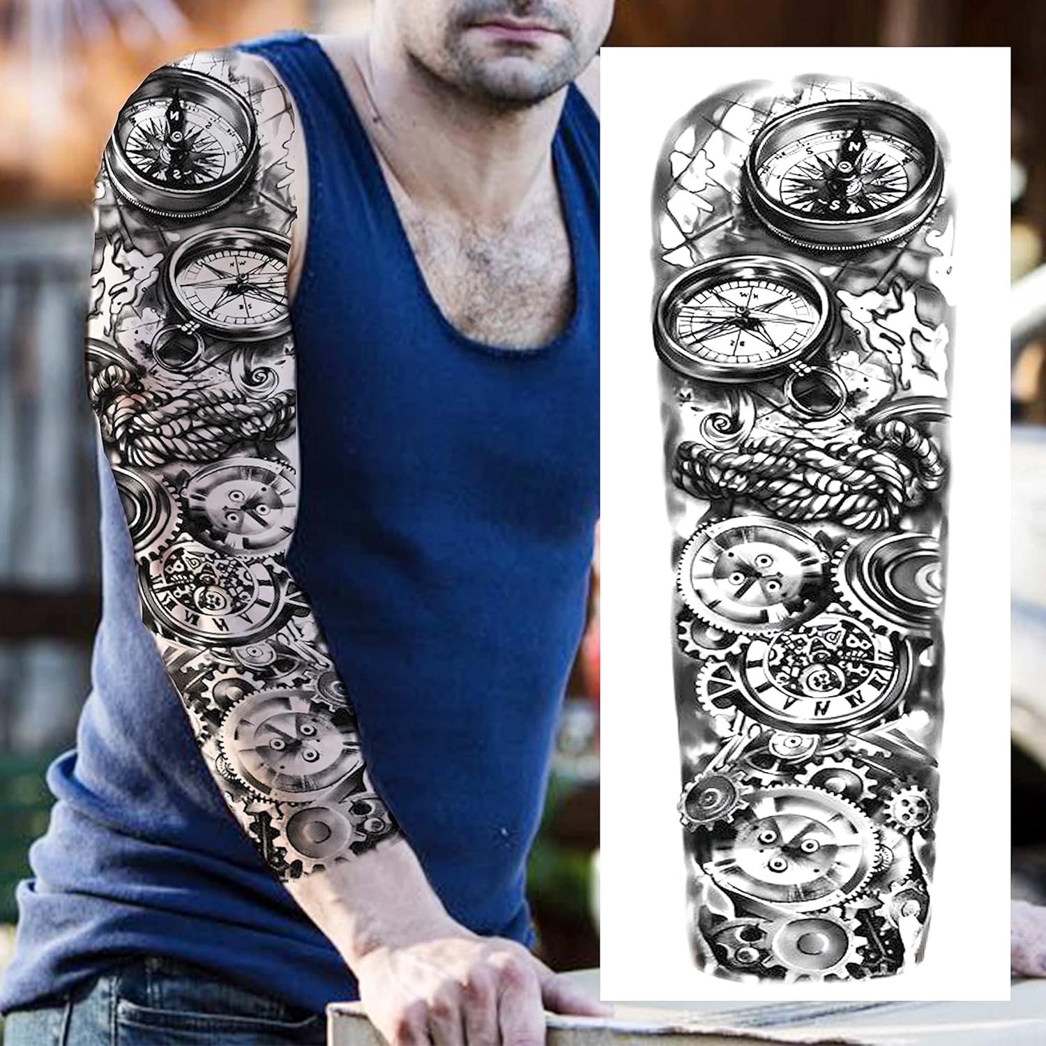 24 Sheets Cool Super Large Full Arm Temporary Tattoo Sleeve for Men with 8 Sheets for Women Thigh, 16 Sheets Flower Eagle Compass Adults Tribal Tiger Tatoo