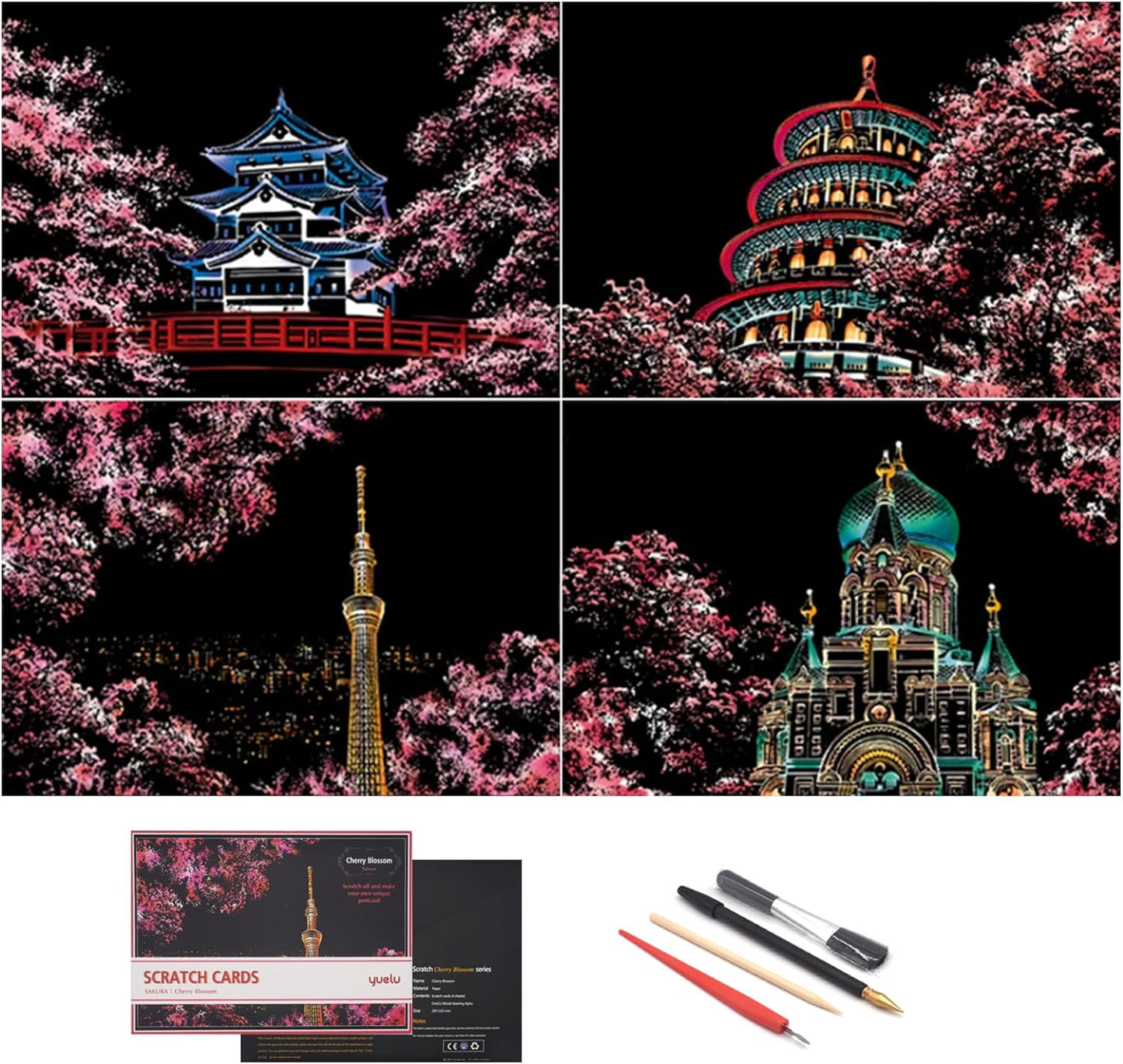 Scratch Art for Adults and Kids-City Landmarks Scratch Painting Craft Kit (8 Sheets A4)|DIY Foil Engraving Art Set|Stress Relief Gift for Travel Lovers,Craft Lovers,Home Decor(America/Europe)