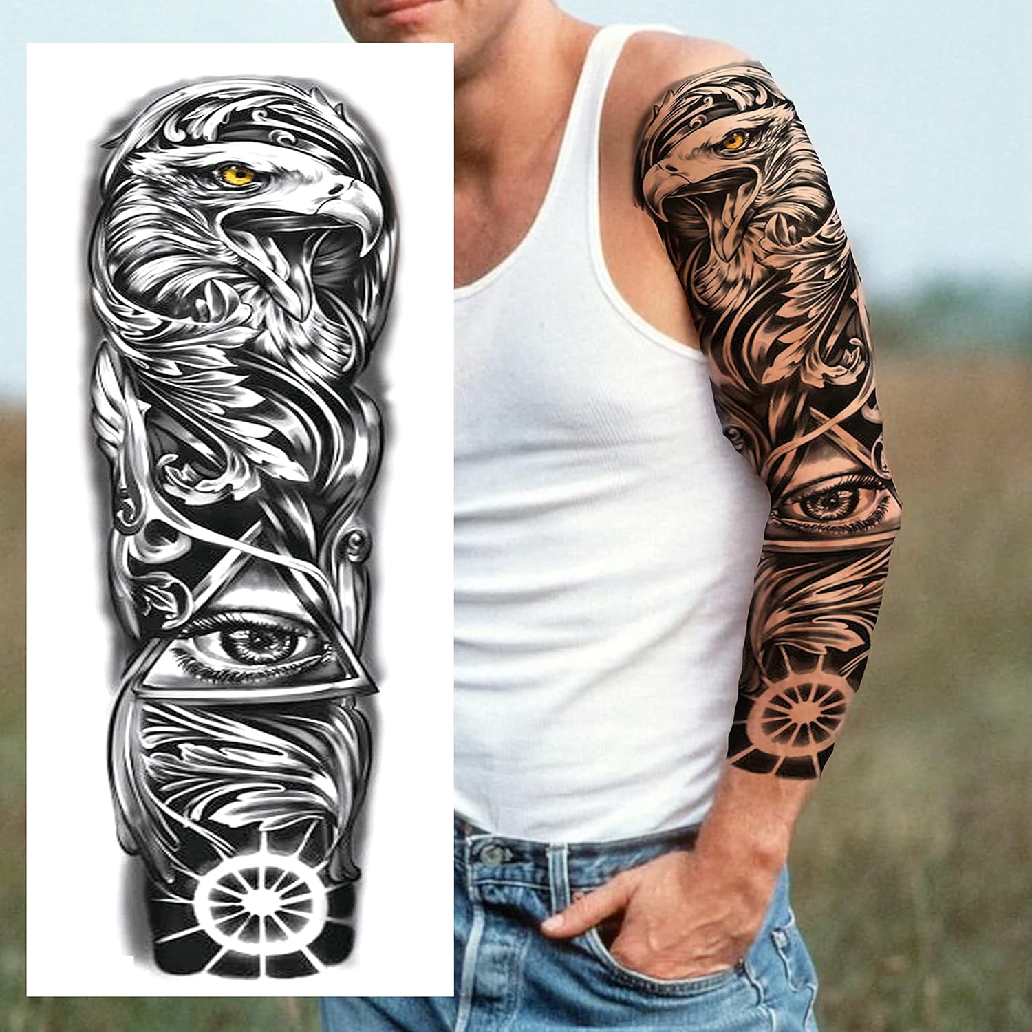 24 Sheets Cool Super Large Full Arm Temporary Tattoo Sleeve for Men with 8 Sheets for Women Thigh, 16 Sheets Flower Eagle Compass Adults Tribal Tiger Tatoo