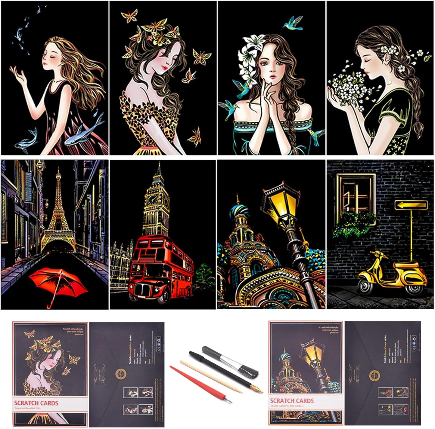 Scratch Art for Adults and Kids-City Landmarks Scratch Painting Craft Kit (8 Sheets A4)|DIY Foil Engraving Art Set|Stress Relief Gift for Travel Lovers,Craft Lovers,Home Decor(America/Europe)