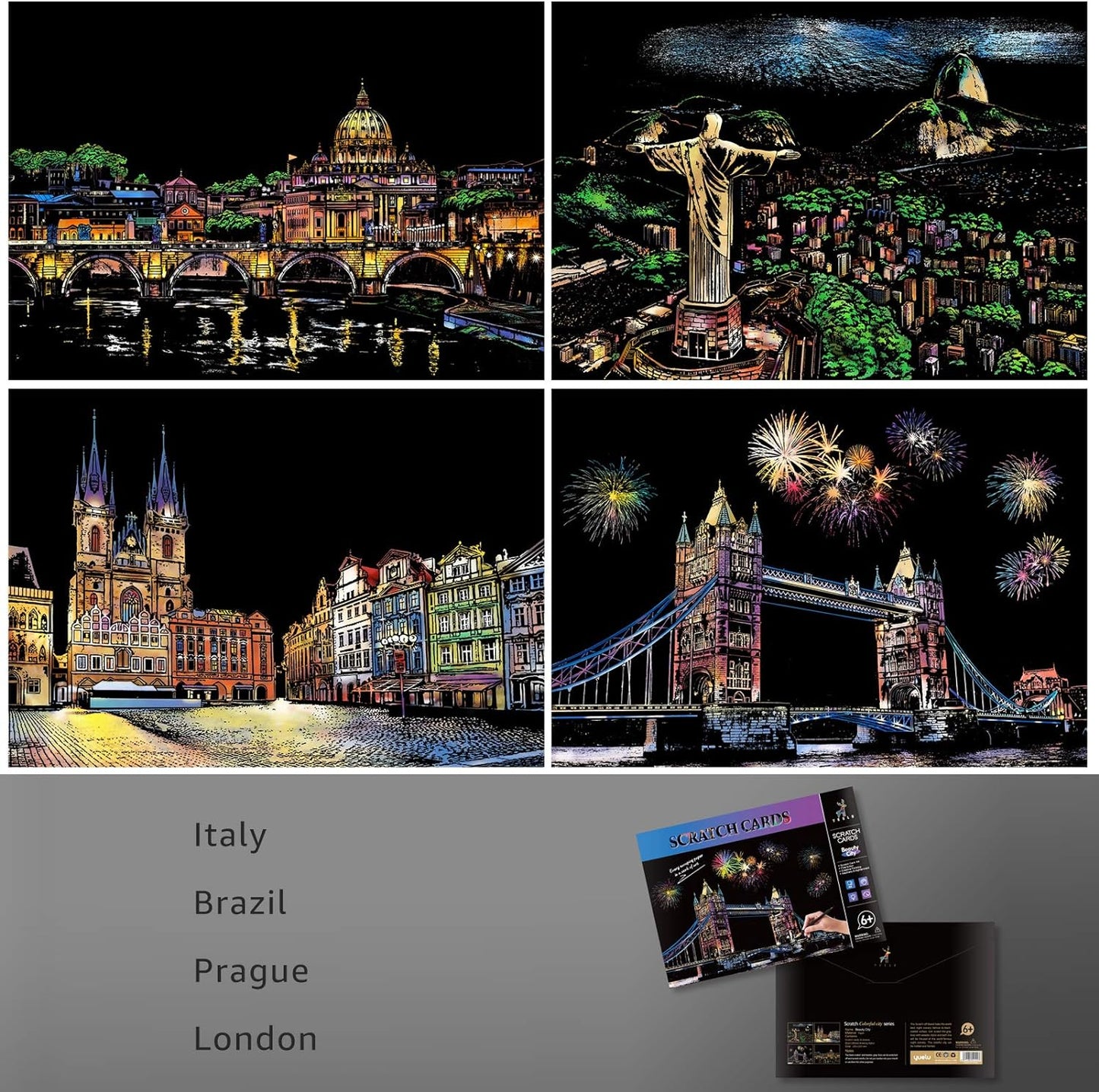 Scratch Art Painting Kits for Adults & Kids, Rainbow Painting Sketch Night View Scratchboard(A4), Crafts Set: 8 Sheets Scratch Cards with 6 Tools in Bag - Creative Craft Art Set (Landmark Building)