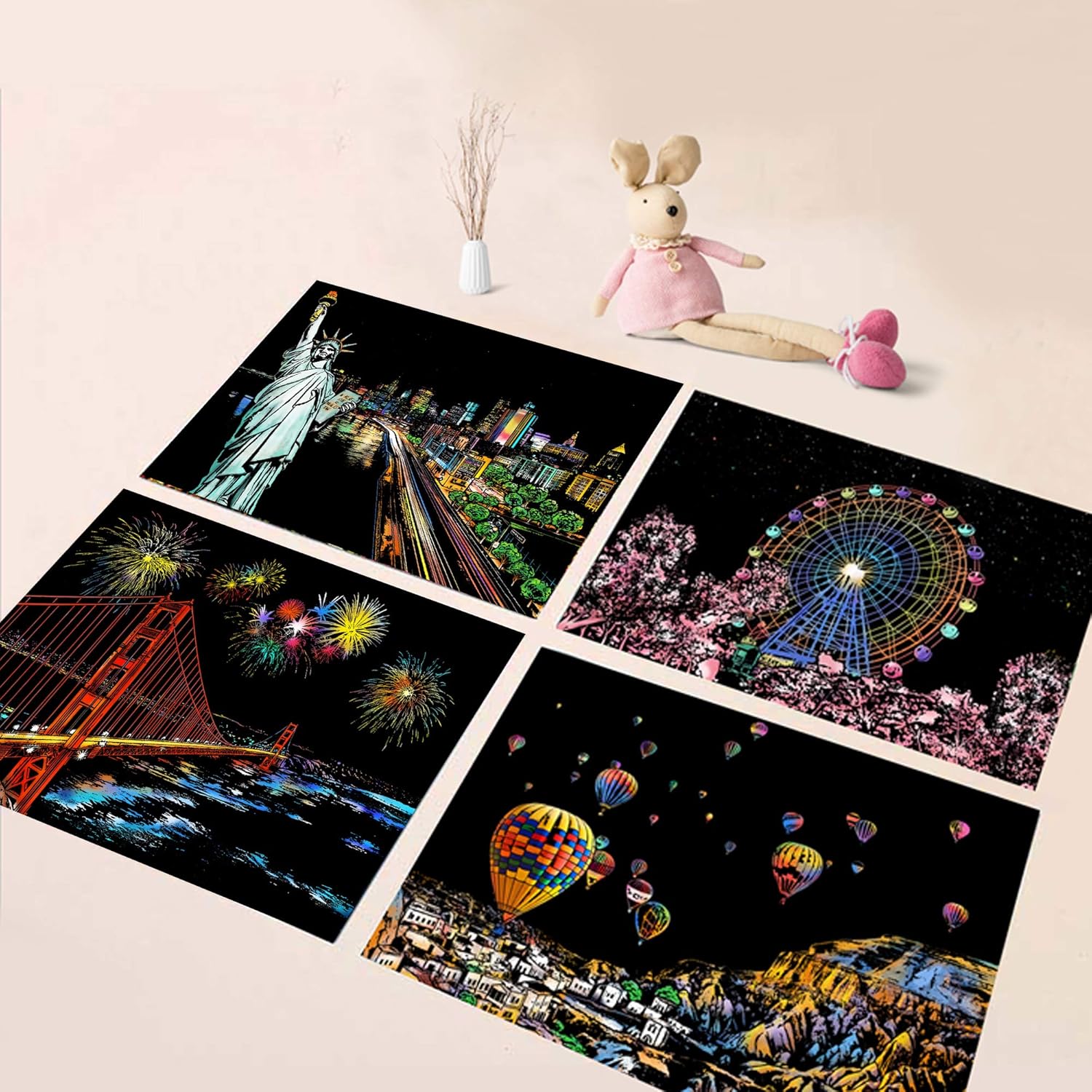 Scratch Art for Adults and Kids-City Landmarks Scratch Painting Craft Kit (8 Sheets A4)|DIY Foil Engraving Art Set|Stress Relief Gift for Travel Lovers,Craft Lovers,Home Decor(America/Europe)