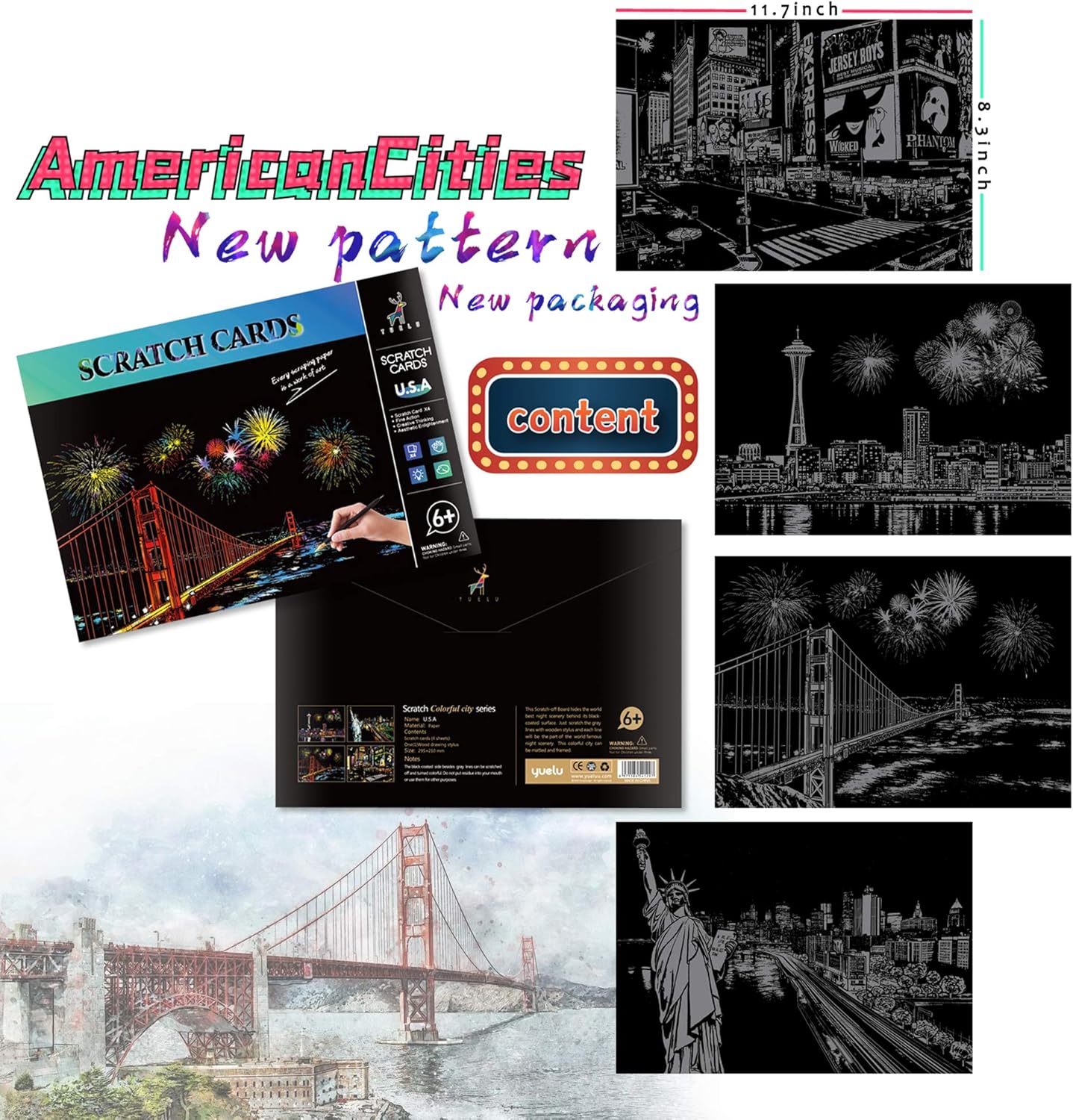 Scratch Art for Adults and Kids-City Landmarks Scratch Painting Craft Kit (8 Sheets A4)|DIY Foil Engraving Art Set|Stress Relief Gift for Travel Lovers,Craft Lovers,Home Decor(America/Europe)