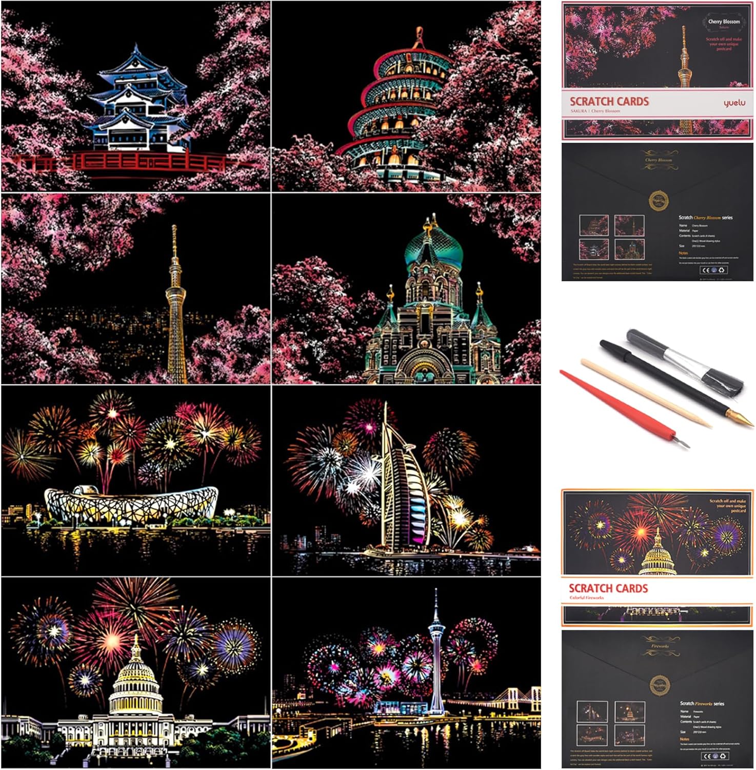 Scratch Art for Adults and Kids-City Landmarks Scratch Painting Craft Kit (8 Sheets A4)|DIY Foil Engraving Art Set|Stress Relief Gift for Travel Lovers,Craft Lovers,Home Decor(America/Europe)