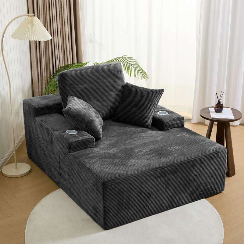 LIKIMIO 49" Oversized Chaise Lounge Sofa Bed with 2 Cup Holders & Storage Pocket - Plush Corduroy Upholstered, No Assembly Cloud Couch for Living Room, Bedroom, or Reading Nook - Kiki of DC Styles Store