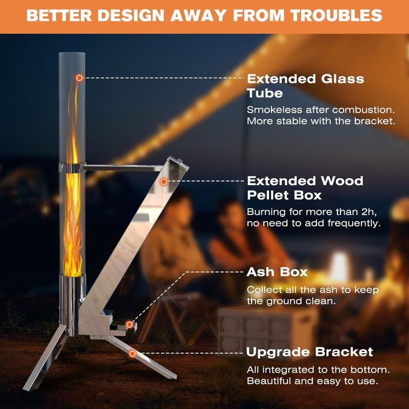 GOLDLIFE Wood Pellet Patio Heater Rocket - Smokeless Outdoor Fire Pit Stove with Glass Tube Chimney for Cozy Backyard & Camping Experiences - Kiki of DC Styles Store