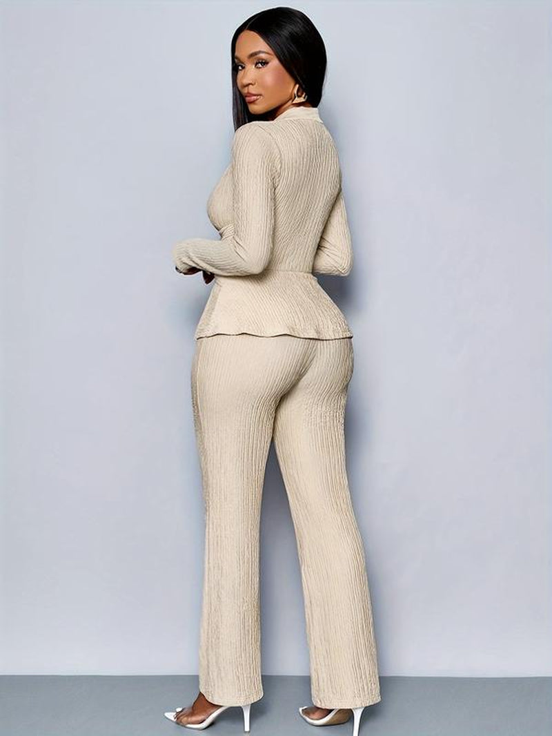 Women'S Apricot Color Elegant V Neck Long Sleeve T-Shirt and Wide Leg Pants Two Piece Set, Asymmetrical Hem Two-Piece Outfits, Casual Daily Wear, Clothes - Kiki of DC Styles Store