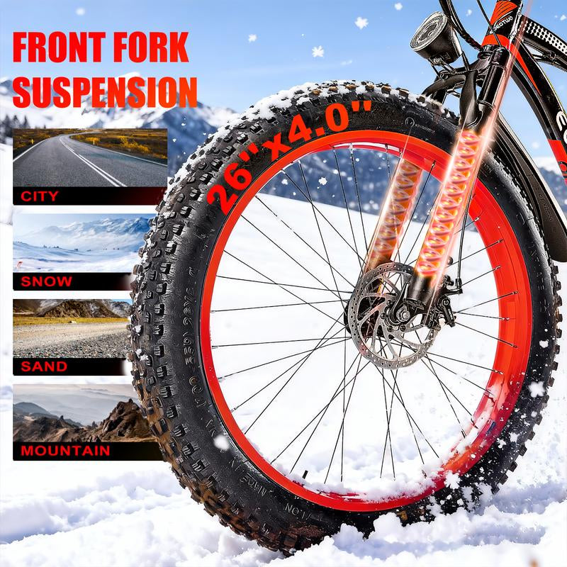 EOEOTWO 1500W Electric Bicycle - 30+ MPH, 70 Miles Range, 48V 15AH Battery, Front Suspension, 26" x 4.0" Tires for Snow & Mountain Riding