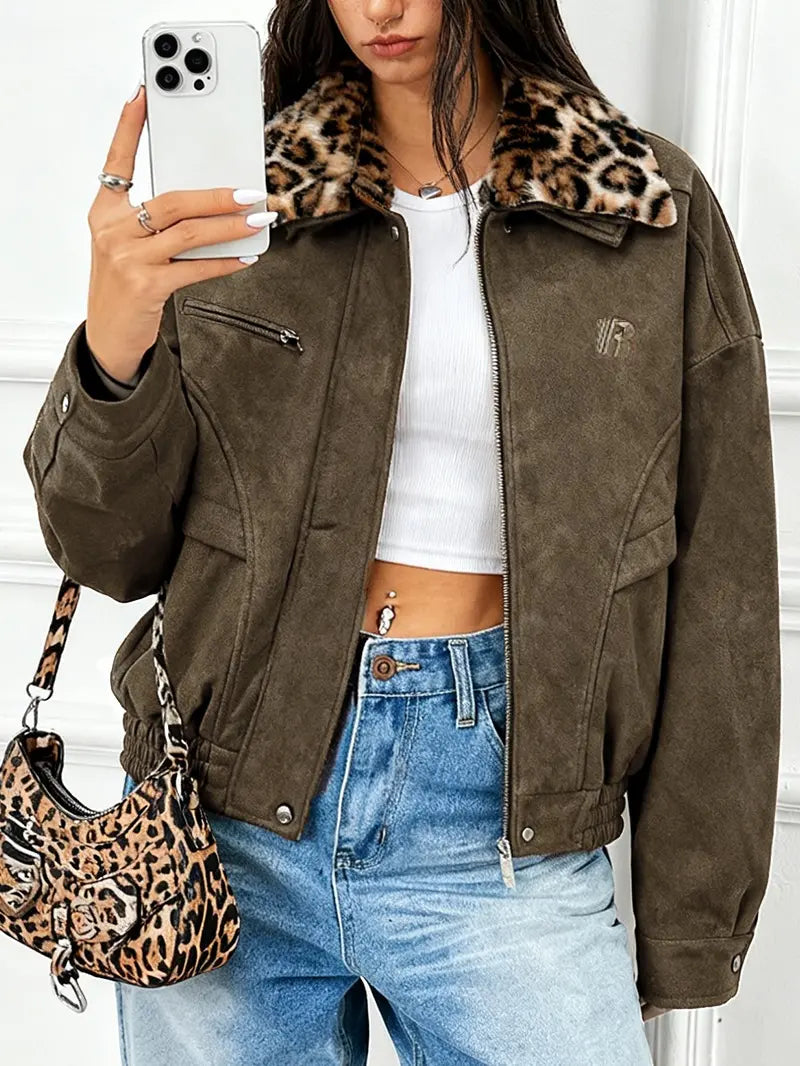 Barn Jacket with Detachable Leopard Collar FDR Unisex Plain Casual Minimalist Loose Fit Women'S Coat Pu Patchwork Trendy Outerwear for Daily Wear Heavyweight Zipper Short Tops Womenswear #Valentinesday #Tiktokshopjumpstartsale #Valentinesdaygift Springsta