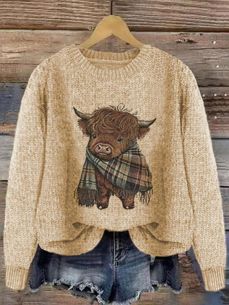 Women'S Cartoon Animal Print round Neck Sweater, Casual Long Sleeve Crew Neck Jumper for Fall & Winter, Fashion Women'S Knitwear for Daily Wear, Tops, Womenswear - Kiki of DC Styles Store